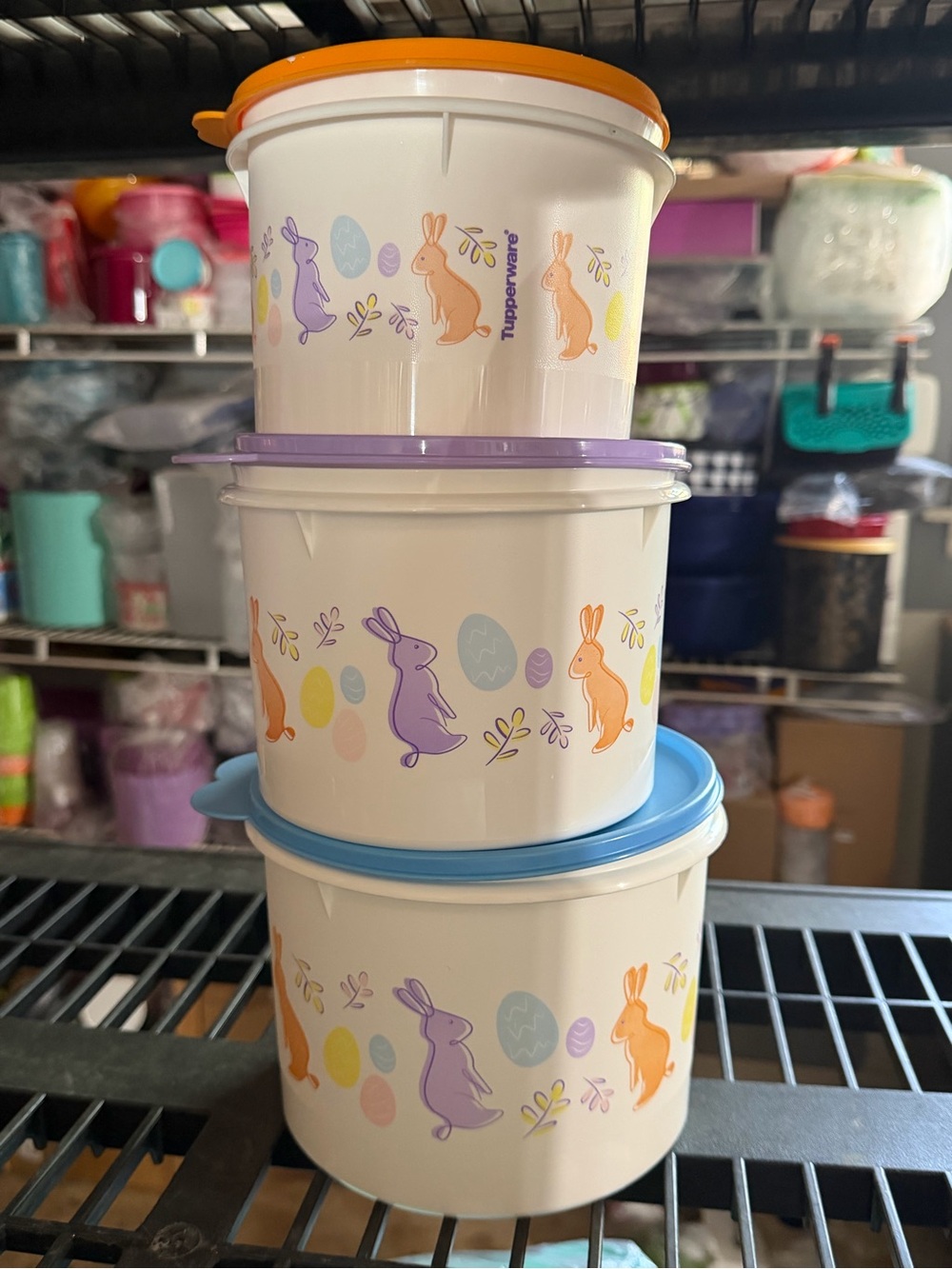 Tupperware Pastel Bunny Nesting Containers - Blue, Purple, Orange Lids